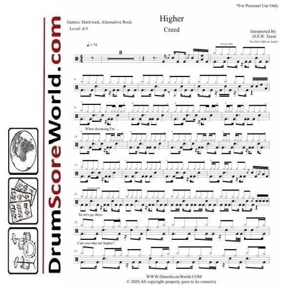 Creed - Higher | Drum Sheet + Play-Along Track